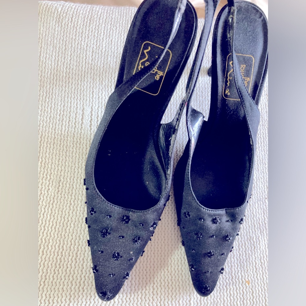 Dressy black satin medium heel with beaded embellishment, sling back size 7.5